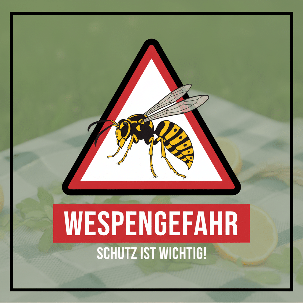 Wespenstiche – eine ernstzunehmende Gefahr 1 Warnschild über Wespen und der Gefahr von Wespenstichen.