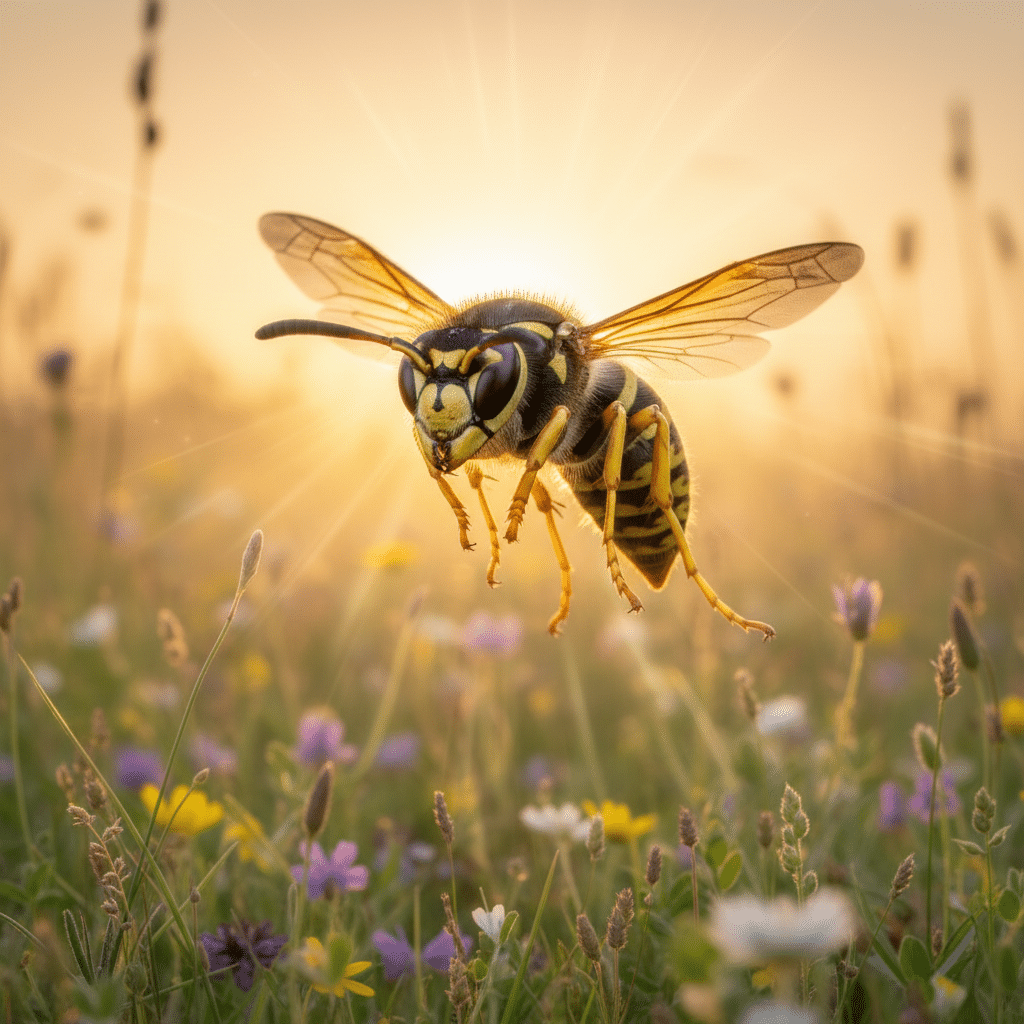 Norwegische Wespe im Flug ber wildblhender Wiese 0